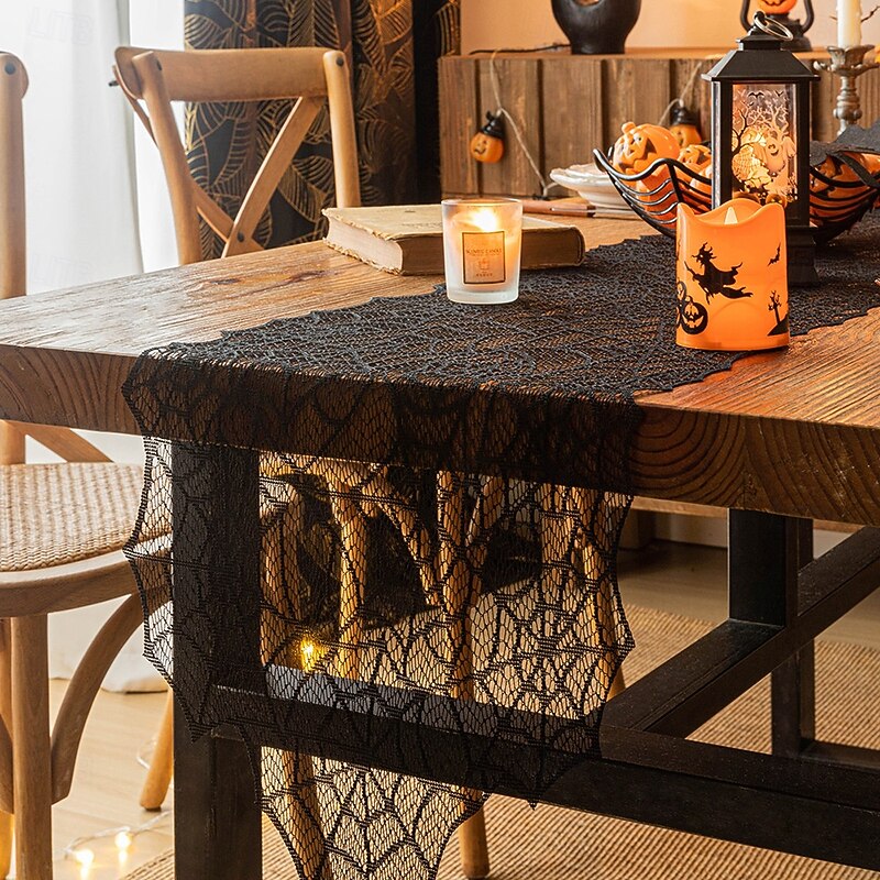 Halloween Black Spider Web Table Runner - Spooky Decorative Accent for Dining Tables, Parties, and Festive Celebrations3