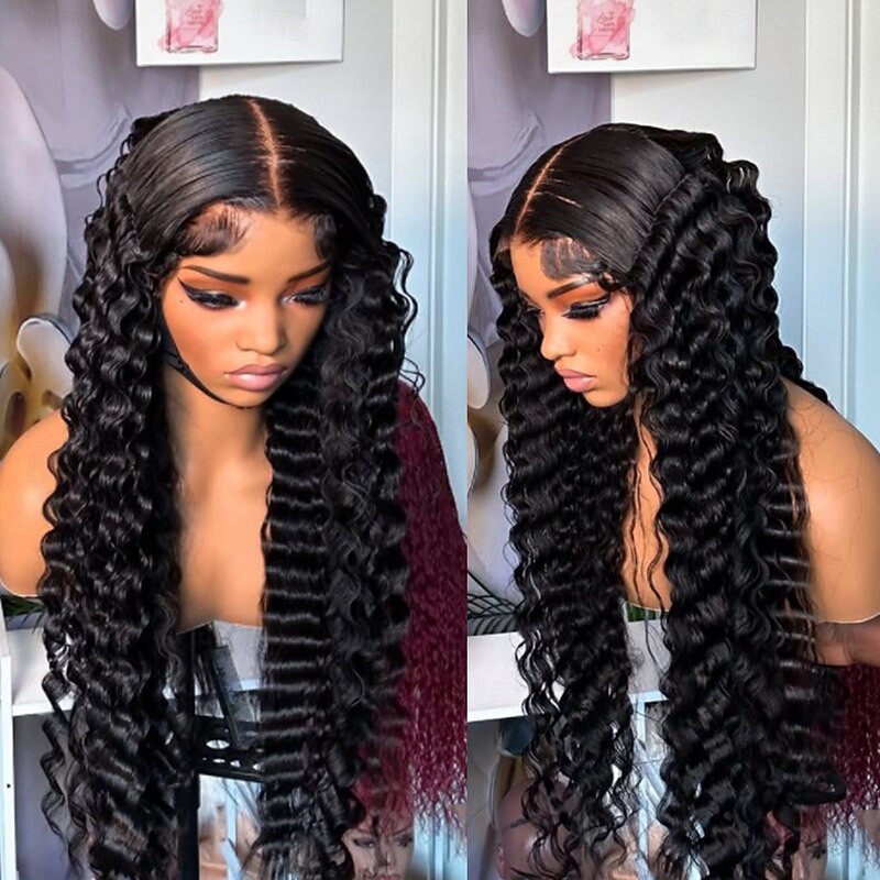 Unprocessed Virgin Hair 5x5 Closure 13x4 Lace Front Wig Free Part Brazilian Hair Deep Wave Black Wig 130% 150% Density 100% Virgin Glueless Pre-Plucked For Women Long Human Hair Lace Wig4