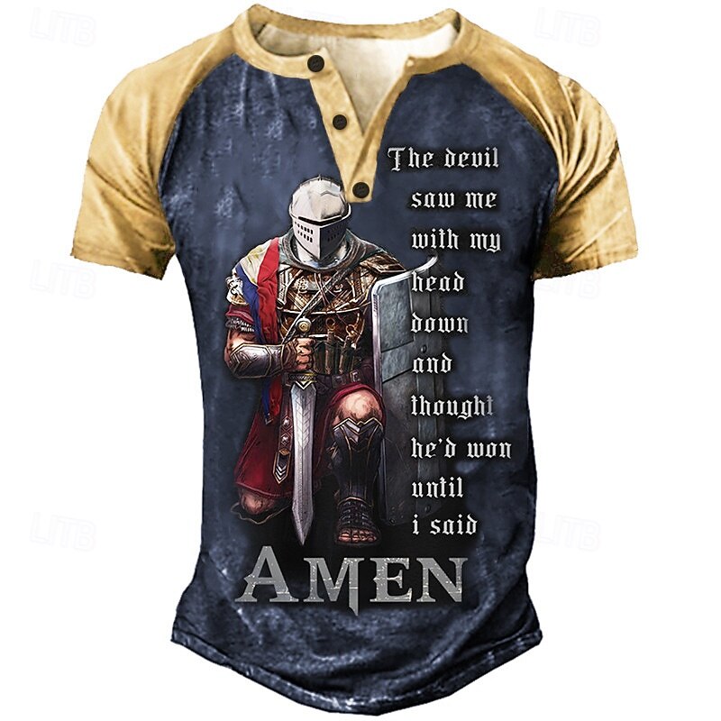 Men's Faith Graphic T-Shirt, Knight Warrior 'The Devil Saw Me Until I Said AMEN' Motivational Short Sleeve Tee2