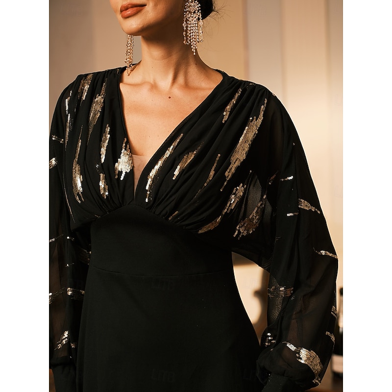 Women's Long Dress Sheer Feather Print Sleeves V-neck Black Festive Party Elegant Maxi Winter Fall Clothing Apparel2