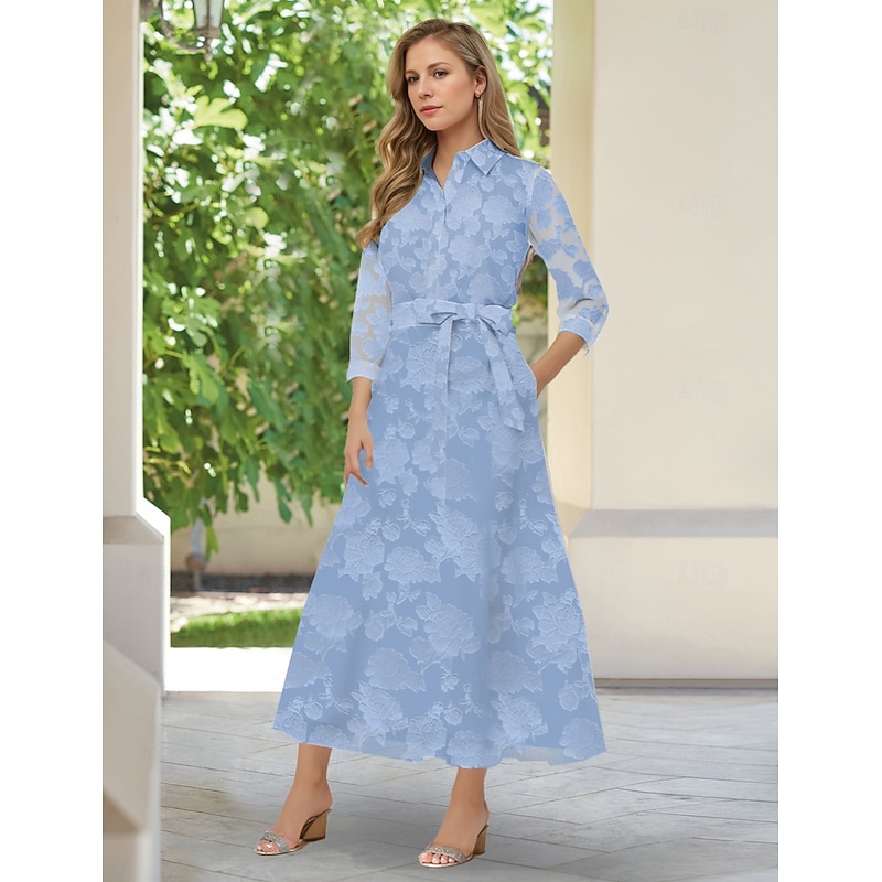 A-Line Floral Lace Shirt Dress Mother of the Bride Dress Elegant Simple Minimalist V Neck Shirt Collar Floor Length Lace 3/4 Sleeve with Bows