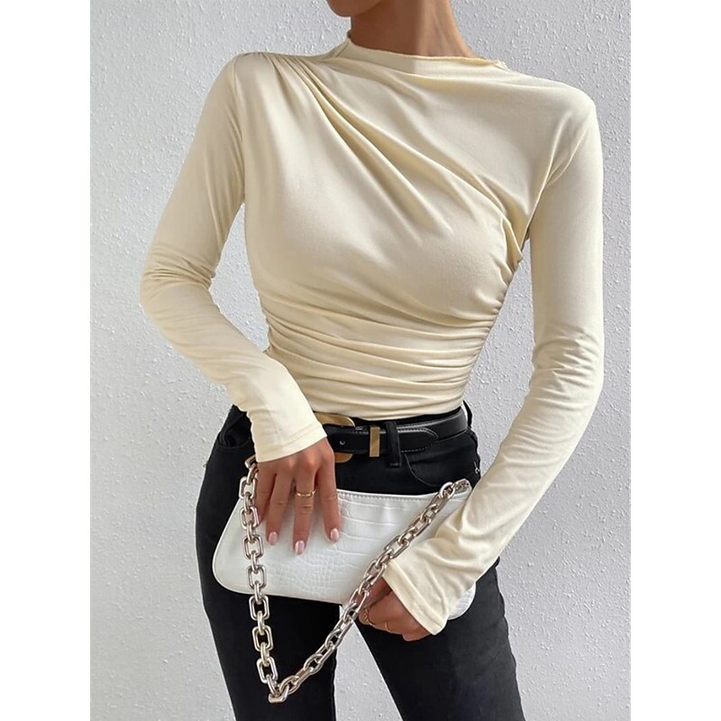 Women's Blouse Solid Color Elegant Stylish Basic Long Sleeve Crew Neck Regular Tops Daily Ruched Black White Brown Light Grey Apricot Summer Spring3