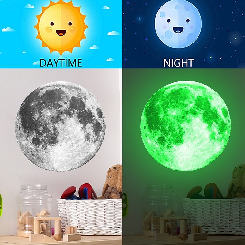 Moon Blue and Green Glow in The Dark Wall Sticker, Luminous Night Background Decal for Living Room and Bedroom Self-Adhesive Wall Decoration4