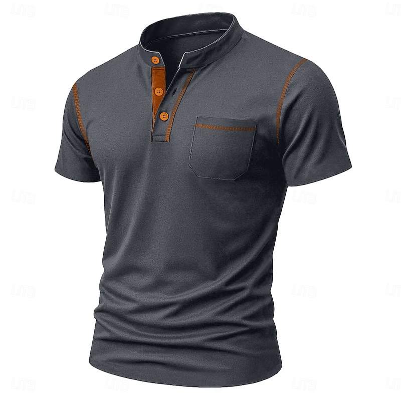 Men's Henley Shirt Tee Short Sleeve Solid Color Plain Casual Pocket Buttons Contrast Stitching Henley Outdoor Casual Daily Summer Spring &  Fall Black White Light Blue Henley T-Shirt