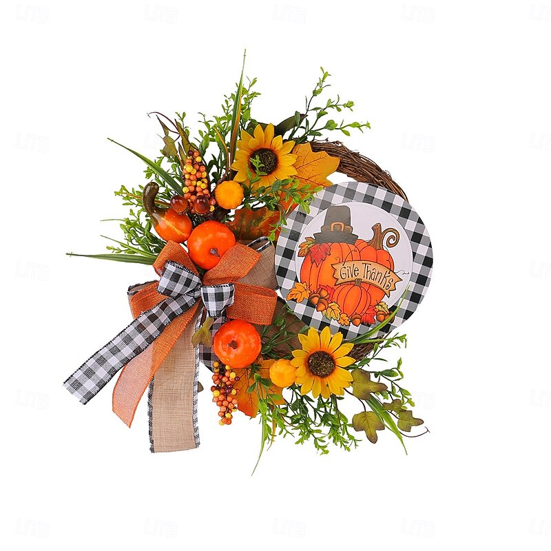 Fall Wreath for Front Door Thanksgiving Autumn Harvest Indoor Outdoor Decoration, Wooden Sign Sunflower Pumpkin Artificial Plant Wreath Door Hanging4