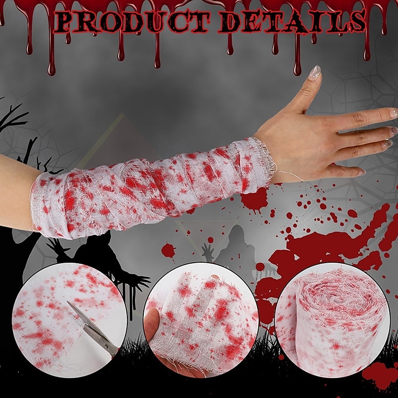 Halloween Bloody Gauze Bandage, Blood Stain Cloth Strips, Warning Barrier Tape, Creepy Scene Decoration, Haunted House Party Prop3
