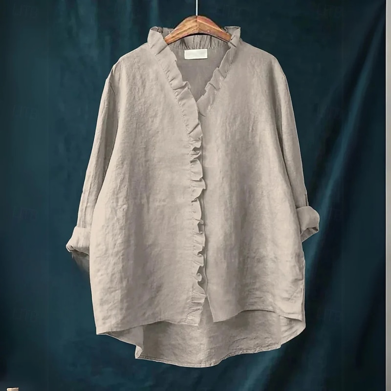 Women's Cotton Linen Blouse Solid Color Elegant Casual Long Sleeve V Neck Regular Tops Daily Holiday Buttons White Yellow Red Blue Beige Summer Fall2