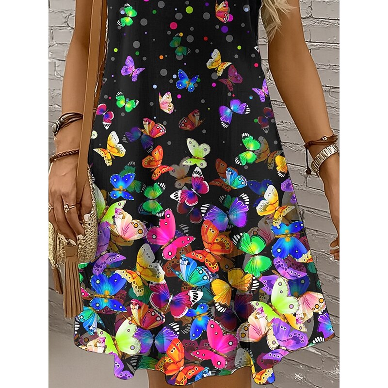 Women's Mini Dress Casual Dress Sundress A Line Dress Off The Shoulder Dress Vacation Casual Holiday Beach Regular Fit Ombre Graphic Butterfly Sleeveless Crew Neck Scoop Neck Colourful Yellow Red Blue3