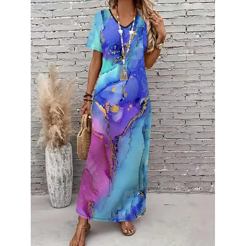 Women's Midi Dress Sundress A Line Dress Vacation Casual Boho Going out Loose Fit Ombre Graphic Geometric Short Sleeve V Neck Navy Blue Blue Sky Blue Purple Summer Spring Fall2