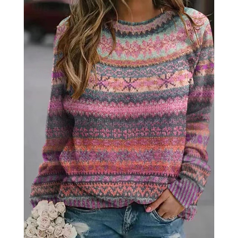 Women's Sweater Fair Isle Sweater Pullover Casual Soft Floral Ribbed Crew Neck Knitted Print Long Sleeve Regular Tops Knit Outdoor Daily Holiday Red Blue Fall Winter3
