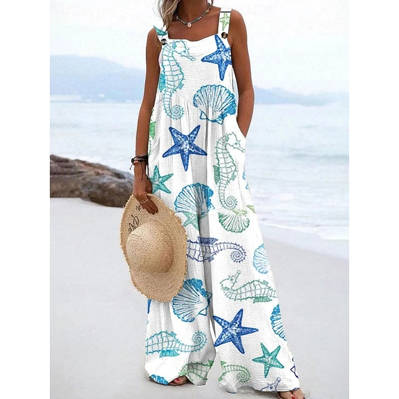 Women's Dungarees Active Graphic Sleeveless Wide Leg Vacation Street Loose Fit White Blue Green Summer