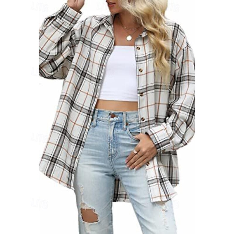 Women's Shirt Blouse Plaid Modern Casual Long Sleeve Shirt Collar Regular Tops Holiday Going out Buttons Print Black White Pink Light Brown Brown Fall2