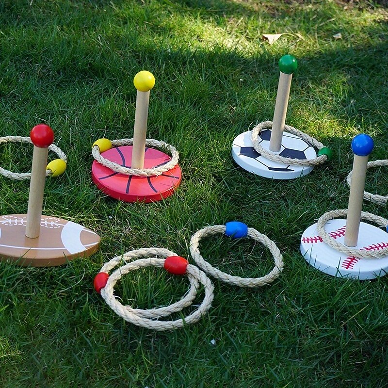 Outdoor Sports-Themed Rope Ring Toss Game with Wooden Stands and Colorful Balls - Ideal for Sensory Play and Motor Skills Development Grass Play Area Outdoor Play Equipment  Colorful Game Setup3