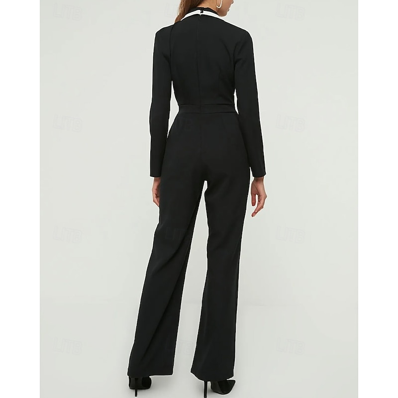 Women's Jumpsuits Formal Wedding Guest Stretch Crepe Elegant Simple Minimalist Long Sleeve Floor Length Notched Lapels Double Breasted4