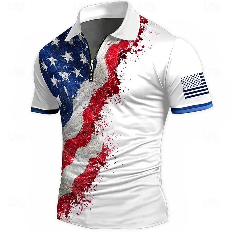 American Independence Day Men's American Flag Zip Polo Shirts Short Sleeve Polo Shirts Collared Shirts Casual Athleisure Daily Wear 3D Print Summer White Blue