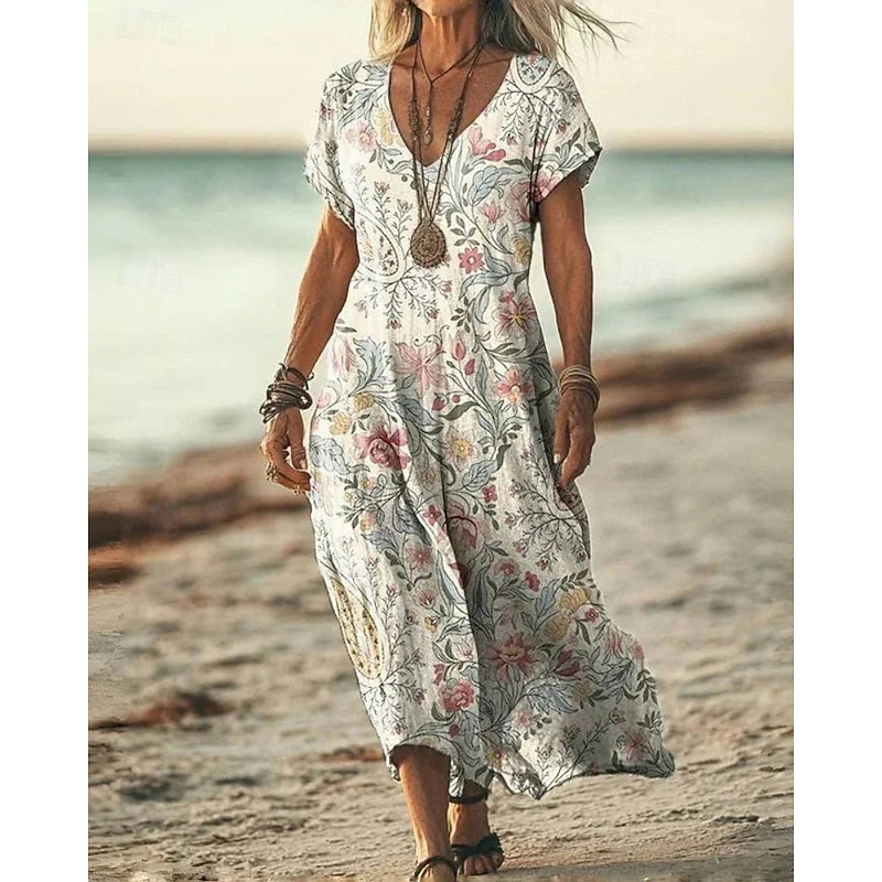 Women's Midi Dress Floral Dress Print Dress Classic Modern Vacation Holiday Weekend Regular Fit Flower Short Sleeve V Neck Yellow Green Khaki Apricot Summer4