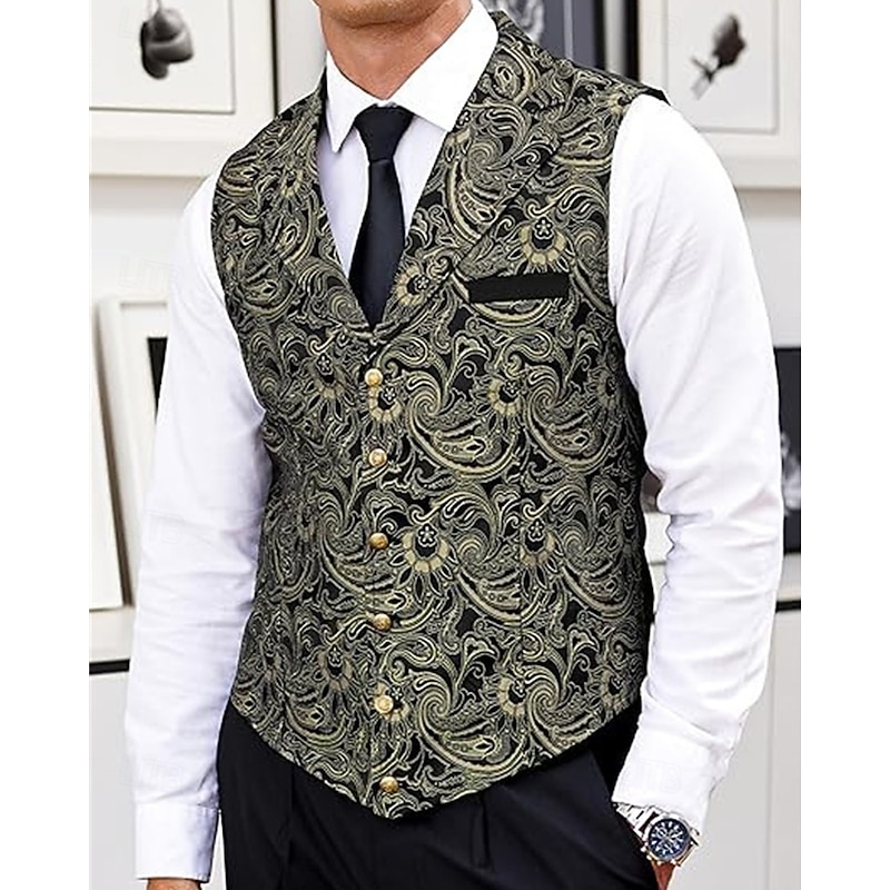Men's Vest Waistcoat Gilet Vacation Party Business Fashion Casual Spring Fall Pocket Buttons Polyester Comfortable Print Single Breasted One-button Lapel Regular Fit Black Yellow Vest4