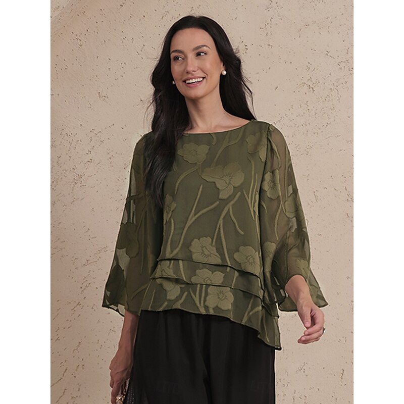 Women's Lace Shirt Blouse Dressy Tops Chiffon Tops Solid Color Floral Elegant Stylish Casual Half Sleeve Flutter Sleeve Boat Neck Regular Tops Wedding Guest Work Daily Asymmetric Hem Olive Summer4