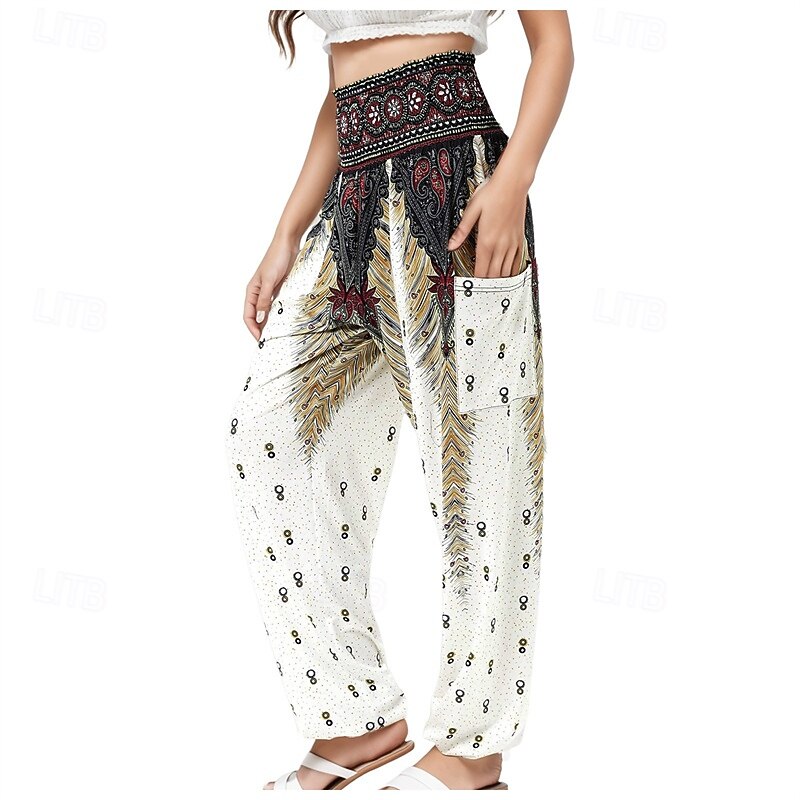 Women's Pants Trousers Straight Fashion Boho Full Length High Waist Print Elastic Waist Breathable Comfortable Micro-elastic Street Daily Wear Going out Black White Red Royal Blue Summer Regular Fit2