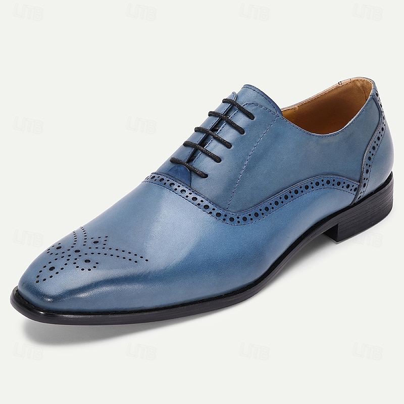 Men's Blue Genuine Cowhide Leather Brogue Dress Shoes – Classic Lace-Up Shoes for Formal Events, Business and Weddings2