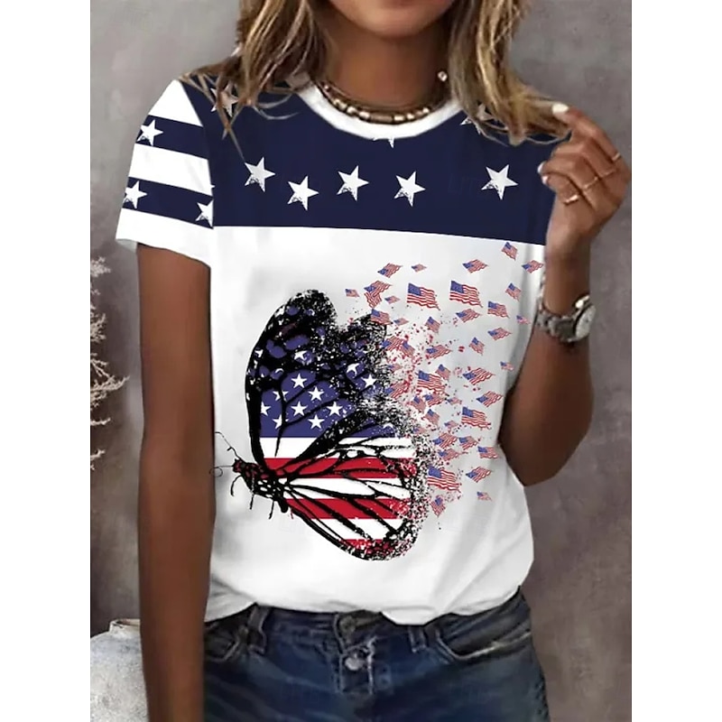 Women's Patriotic  T Shirt Graphic Flag Vintage Stylish Casual Short Sleeve Crew Neck Round Neck Regular Tops Daily Print Navy Blue Blue Summer Spring2