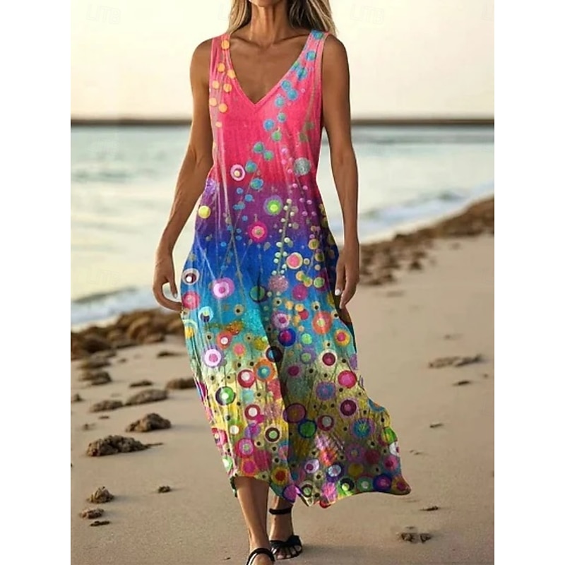 Women's Long Dress Maxi Dress Casual Dress Tank Dress Summer Dress African Daily Holiday Beach Regular Fit Floral Color Block Sleeveless V Neck Yellow Red Royal Blue Blue Summer