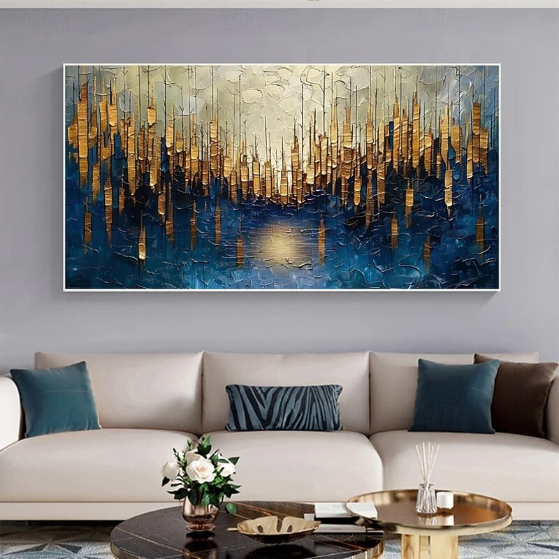 Large Original Gold Oil Painting on Canvas,Abstract Minimalist Blue Textured Wall Art,Custom Painting,Boho Wall Décor,Living Room Wall Decor4