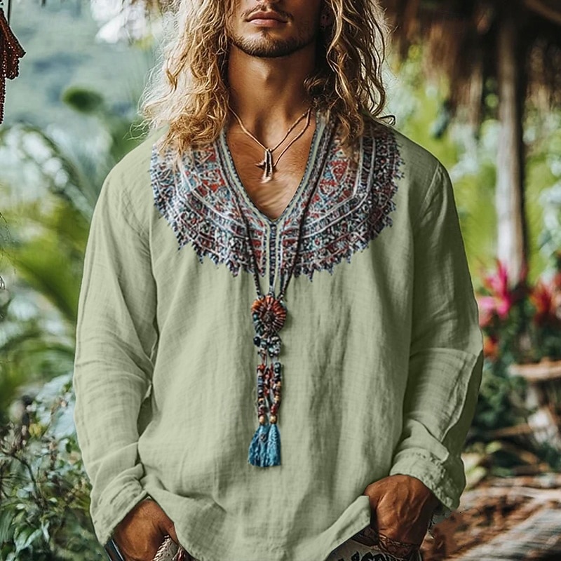 Men's Linen Shirt Popover Shirt Summer Shirt Beach Wear Retro Shirts Ethnic Shirt Outdoor Vacation Blue Green Long Sleeve V Neck Summer Spring Clothing Apparel4