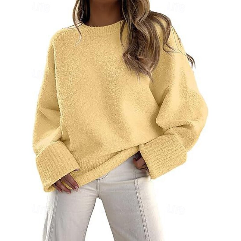 Women's Sweater Pullover Fashion Solid Color Ribbed Crew Neck Knitted Long Sleeve Regular Tops Knit Outdoor Holiday Going out Black White Fall4