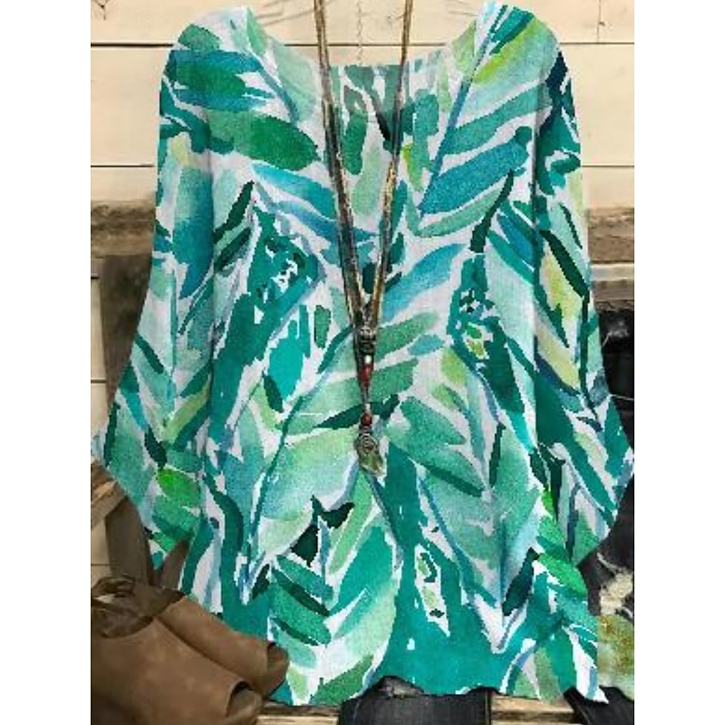 Women's Shirt Leaf Leaves Stylish 3/4 Length Sleeve Crew Neck Regular Tops Daily Holiday Print Blue Green Summer3