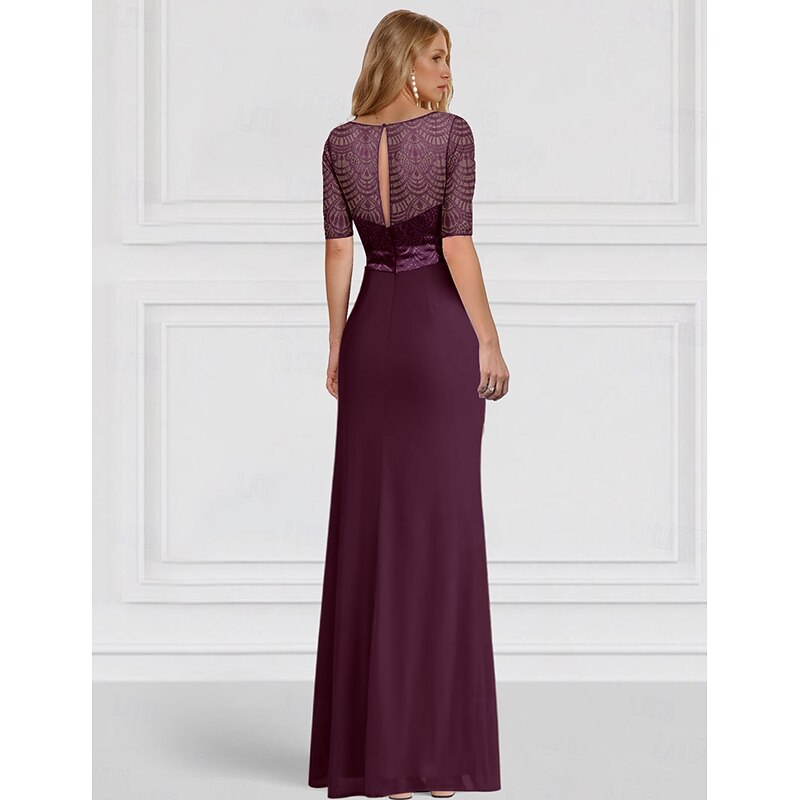 A-Line Mother of the Bride Dress Wedding Guest Elegant V Neck Floor Length Chiffon Half Sleeve with Ruffles Solid Color2