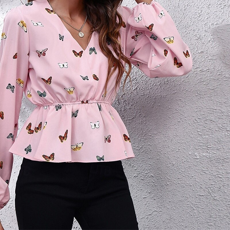 Women's Summer Tops Chiffon Tops Butterfly Daily Stylish Basic Long Sleeve Lantern Sleeve V Neck Regular Tops Work Daily Holiday Print Pink Spring Fall3