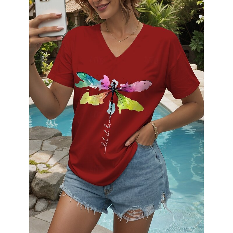 Women's T Shirt Graphic Letter Dragonfly Vintage Stylish Classic Short Sleeve V Neck Regular Tops Daily Print White Red Blue Purple Green Summer Spring4