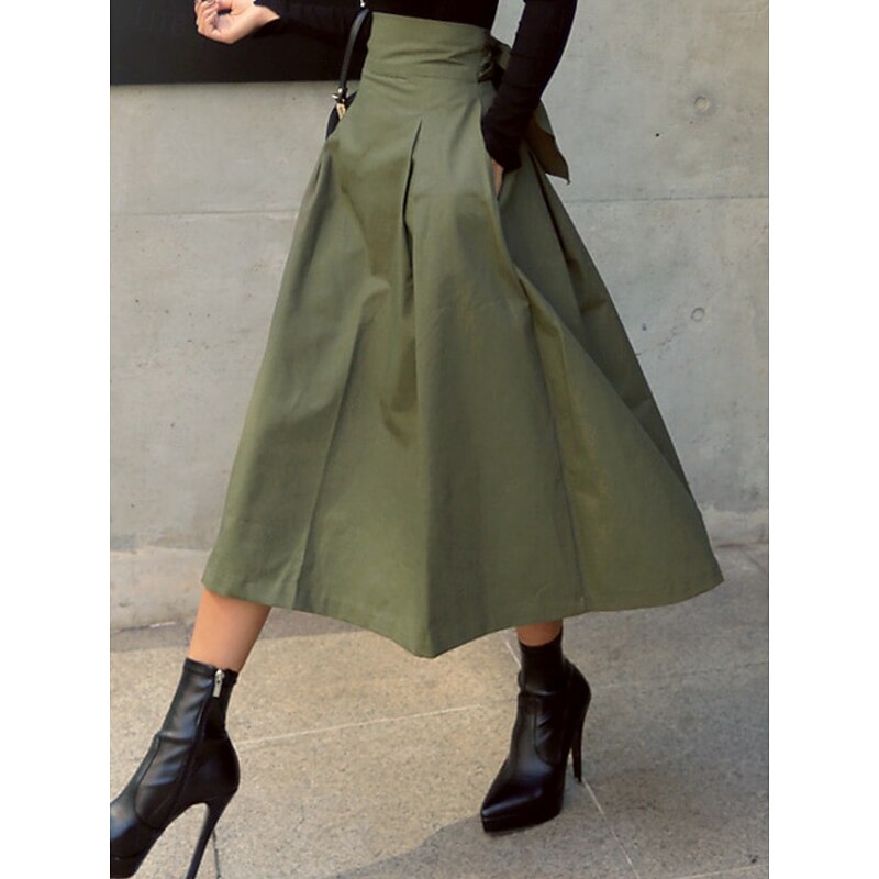 Women's Skirt A Line Fashion Casual Maxi High Waist Skirts Plain Pocket Micro-elastic Street Daily Black Army Green Khaki Summer Polyester Cotton Blend
