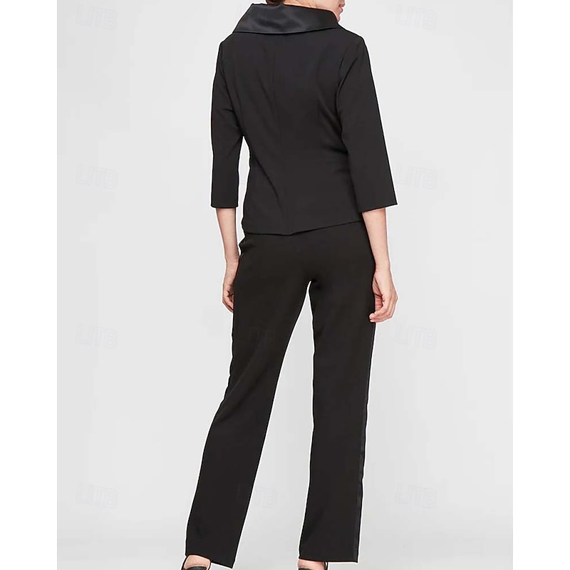 Women's Suits 2 Pieces Suits Formal Wedding Guest Satin Stretch Crepe Elegant Simple Minimalist 3/4 Sleeve Pleated Ankle Length Shawl Lapel2