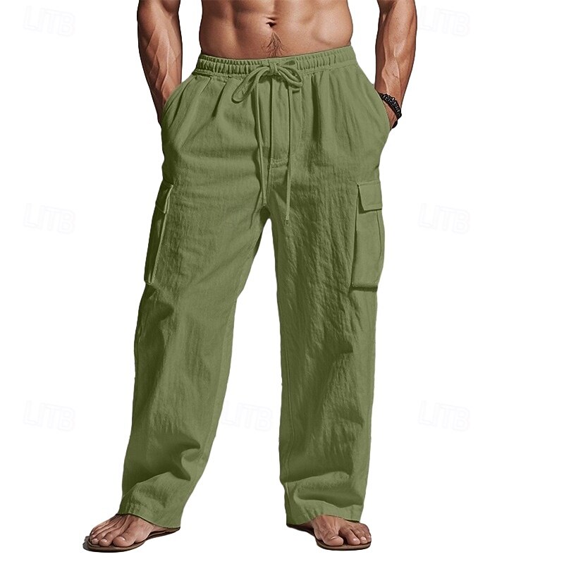 Men's Cargo Pants Linen Pants Trousers Summer Pants Beach Pants Drawstring Elastic Waist Multi Pocket Plain Comfort Soft Full Length Outdoor Casual Daily Vacation Fashion Black White4