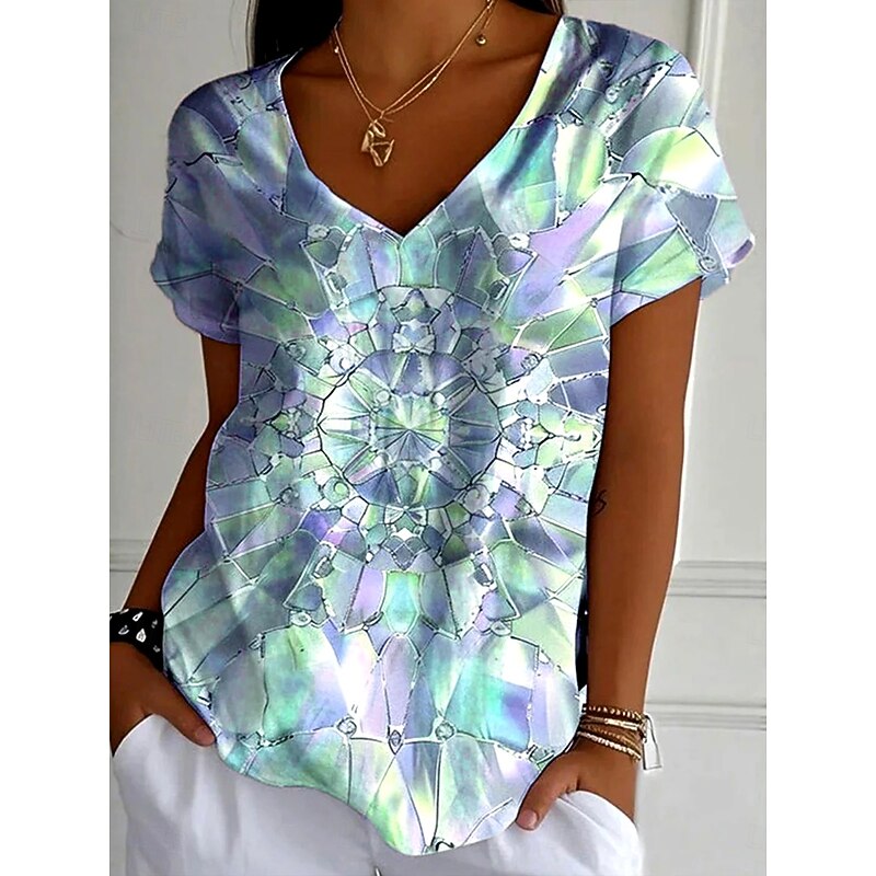Women's T Shirt Graphic 3D Fashion Stylish Casual Short Sleeve V Neck Regular Tops Daily Going out Weekend Print Light Green Pink Blue Purple Summer Spring2