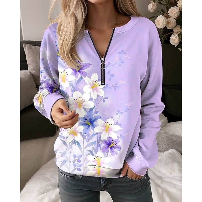 Women's Quarter Zipper Sweater Floral Graphic Casual Long Sleeve Crew Neck Regular Tops Street Dailywear Half Print Pink Blue Purple Green Fall Winter