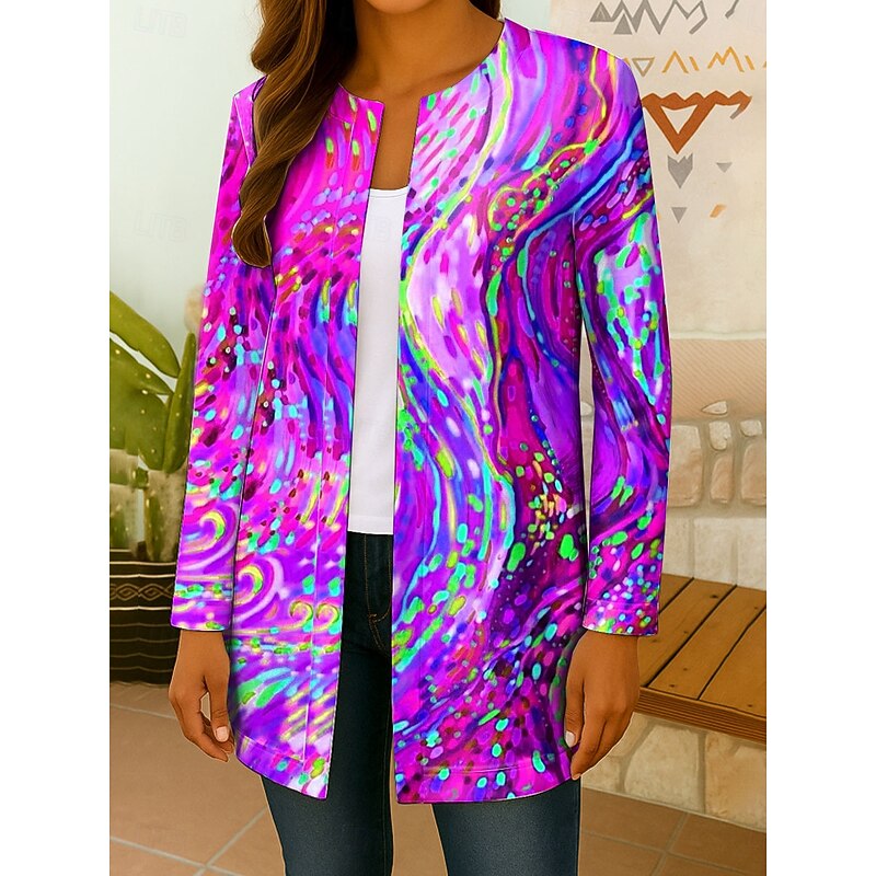 Women's Blazer Comfortable Breathable Print Open Front Elegant Vintage Fashion Modern Polka Dot Work Casual Open Front Short Collarless Regular Fit Long Sleeve Outerwear Blue Purple Orange Fall Winter2