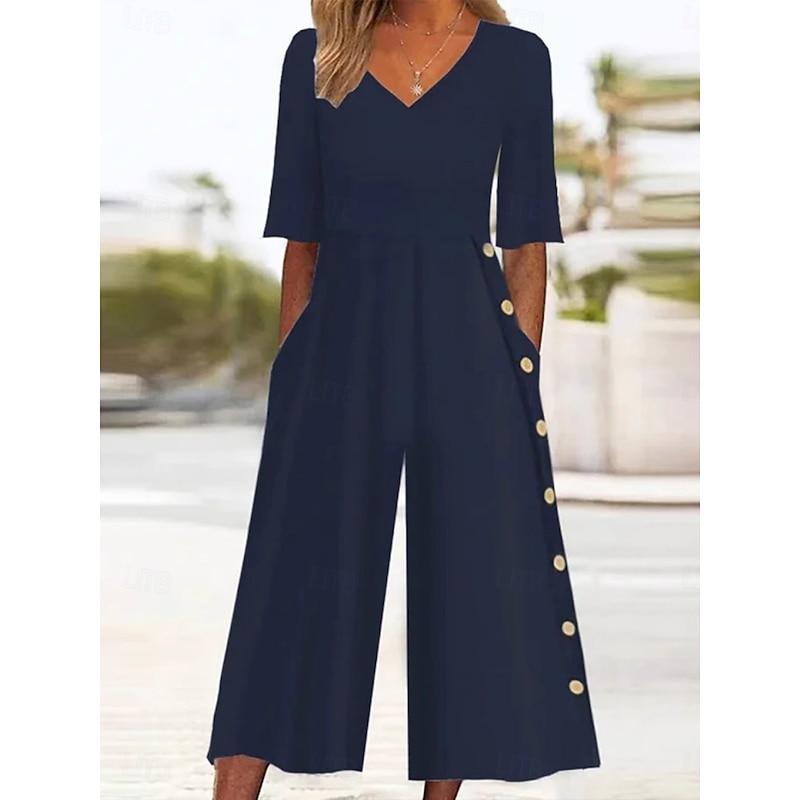 Women's Normal Jumpsuit Active Solid Color Half Sleeve Wide Leg V Neck Buttons Pocket Vacation Daily Regular Fit Navy Blue Summer