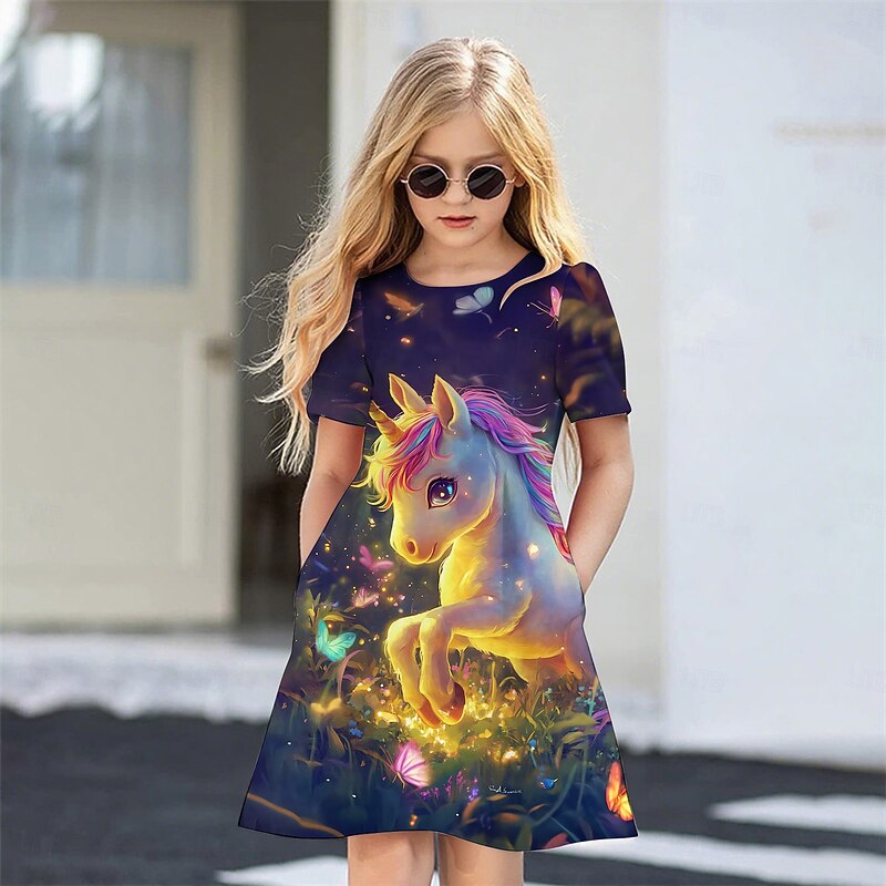 Girls' 3D Unicorn Dress Short Sleeve Summer Spring Vacation Daily Holiday Princess Beautiful Sweet Kids 4-12 Years Casual Dress Knee-length Regular Fit - Main Image