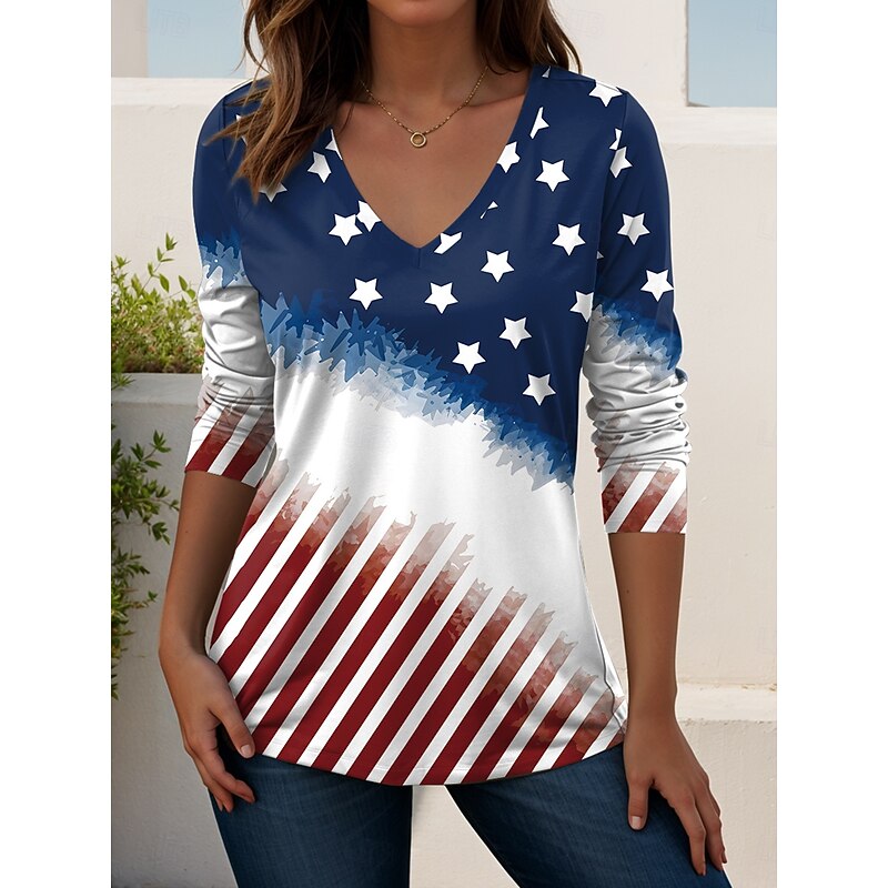 Women's Patriotic T Shirt V Neck Long Sleeve Tunic Flag Geometric Elegant Vintage Fashion Regular Tops Daily Weekend Vacation Wear Print White Red Blue  Spring Prefall4