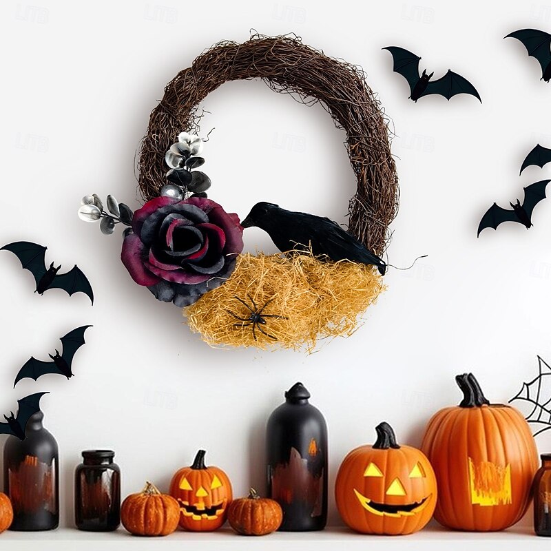 Halloween Wreath for Front Door Dead Branch Rose and Black Crow Wreath, Faux Plant Vine Door Hanging, Spooky Party Decoration, Haunted House Wall Decor