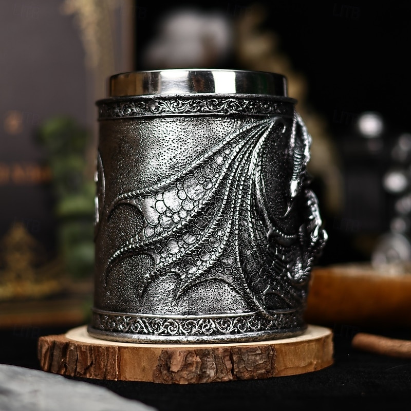 Medieval Dragon Beer Mug,Oktoberfest Gift Mug 3D Embossed Stainless Steel Coffee Cup,Oktoberfest Gift for Men Retro Tea Tankard, High Aesthetic Water Mug4