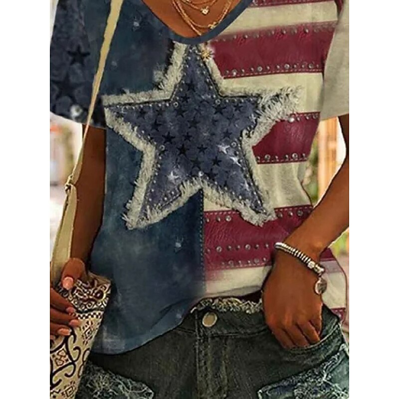 Women's Patriotic  T Shirt Heart Graphic Flag Stylish Casual Short Sleeve V Neck Regular Tops Daily Print Blue Purple Brown Green Summer Spring3