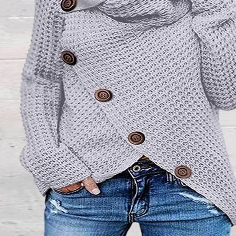 Women's Sweater Casual Solid Color Ribbed Turtleneck Buttons Knitted Long Sleeve Regular Tops Knit Going out Weekend Khaki Gray Fall4