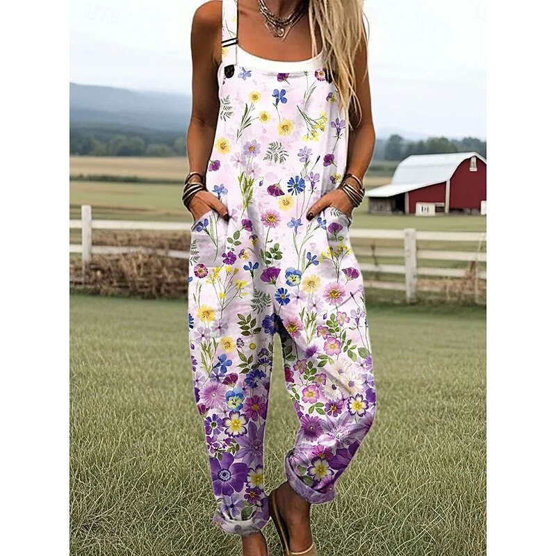 Women's Dungarees Active Floral Sleeveless Straight with Pocket Vacation Daily Loose Fit Yellow Pink Blue Summer2