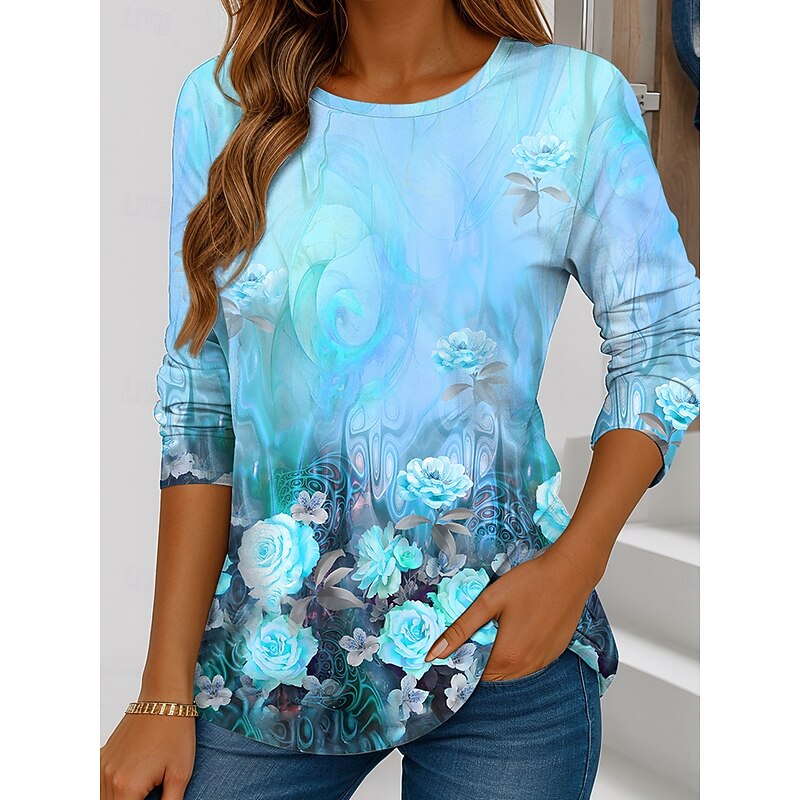 Women's T shirt Long Sleeve Crew Neck Long Sleeve Tunic Graphic Plants Vintage Stylish Classic Regular Tops Daily Weekend Print Yellow Blue Purple Orange Prefall3