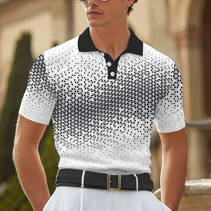 Men's Geometic Waffle Polo Shirts Short Sleeve Polo Shirts Collared Shirts Business Casual Business Athleisure Daily Wear 3D Print Buttons Summer Black Blue Brown