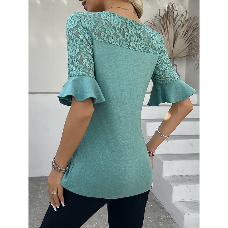 Women's Lace Shirt Solid Color Stylish Casual Half Sleeve Crew Neck Regular Tops Daily Lace Patchwork Black Pink Purple Green Summer3